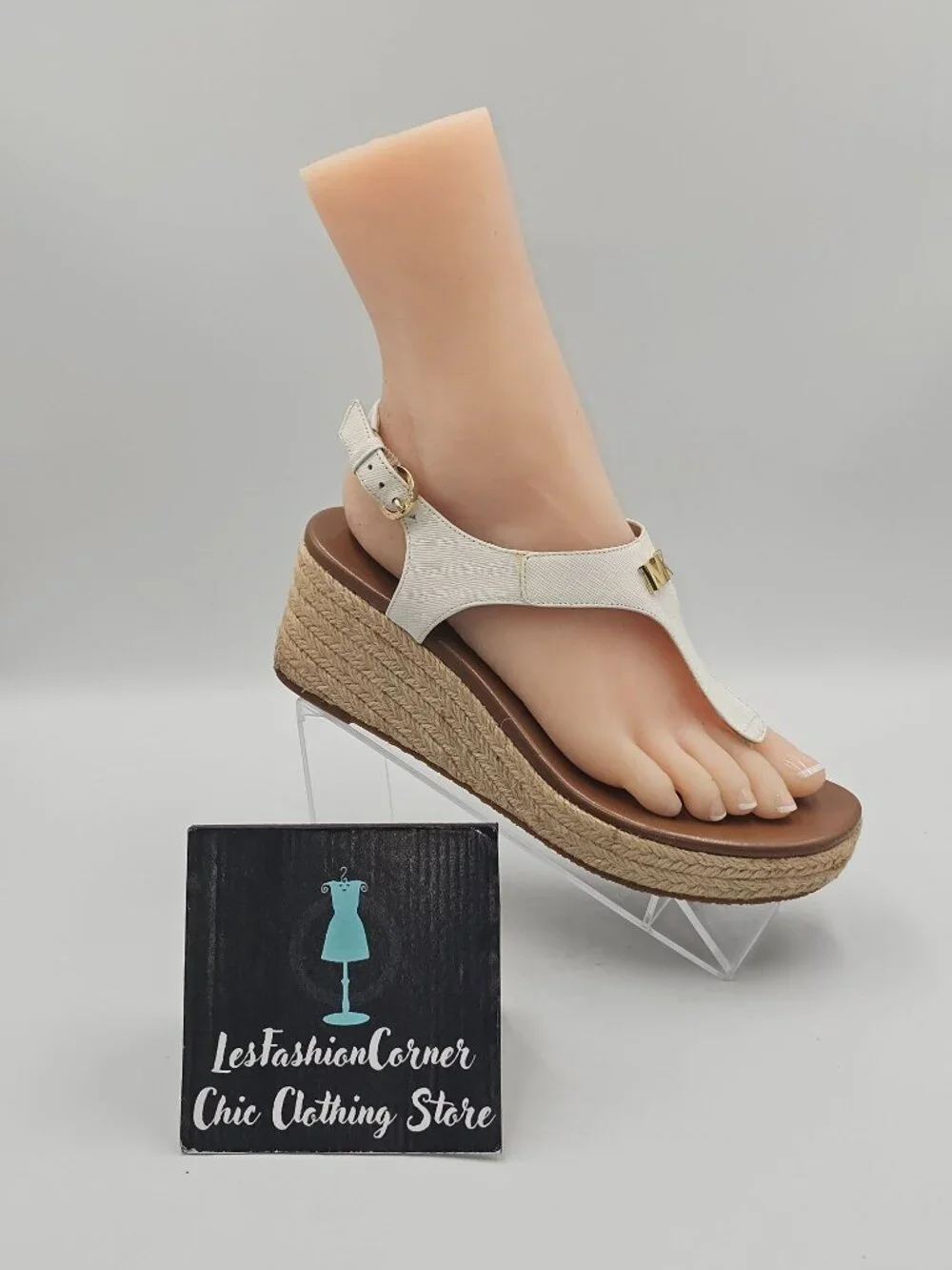 Michael Kors Womens White Leather Laney Thong Espadrille Wedge Sandals Sz 8 3763